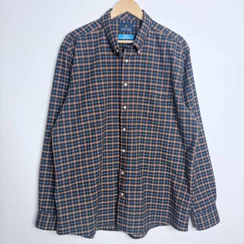 NWOT Stafford Coolmax Slim Fit Button Down Long Sleeve Brown/Navy Plaid Shirt XL